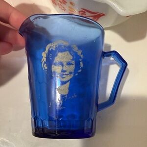 Vintage Blue Glass Pitcher with Shirley Temple three available sold as set